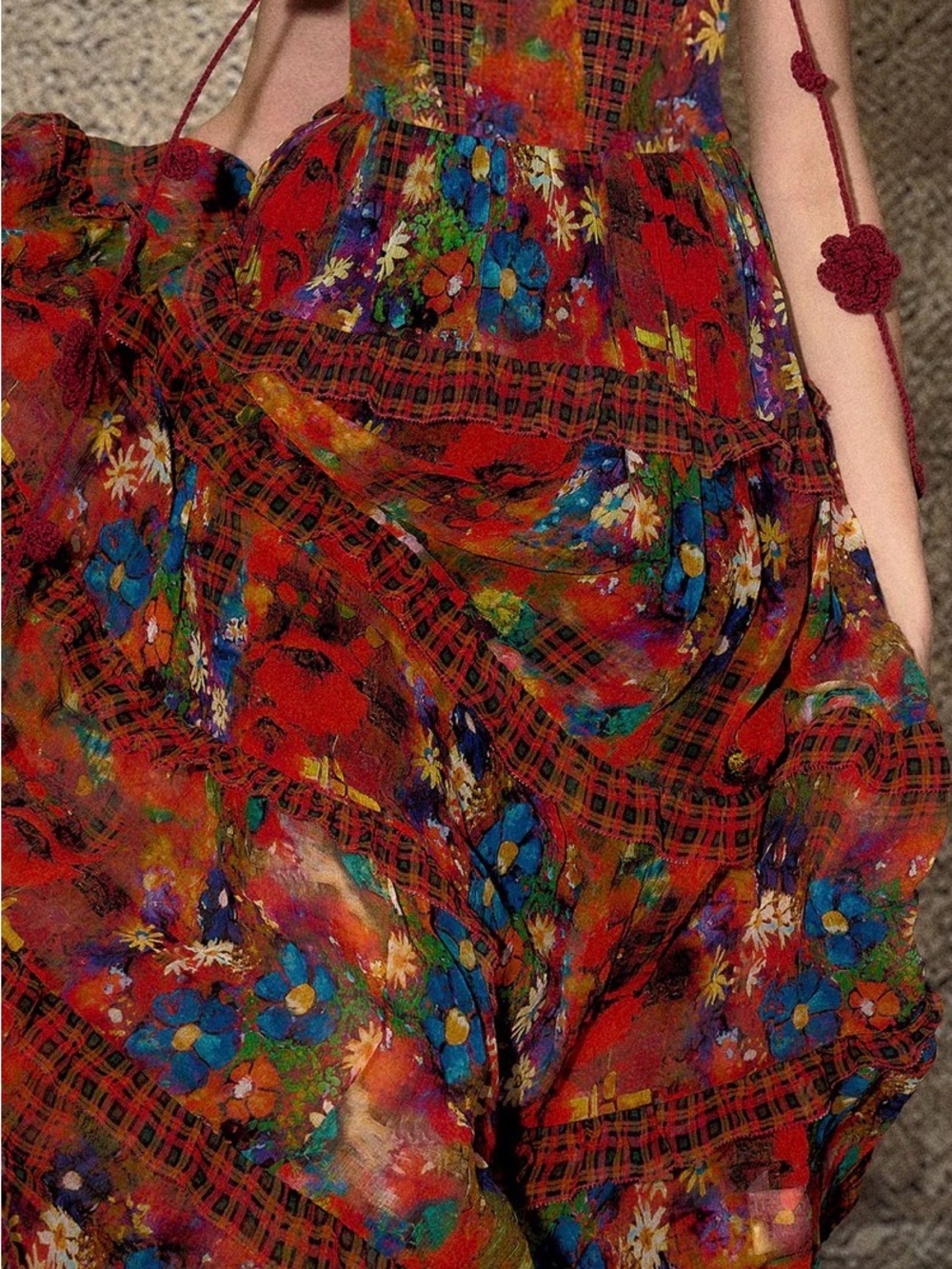 Floral Plaid Red Boho Maxi Dress with Spaghetti Straps nwt - Picture 2 of 10